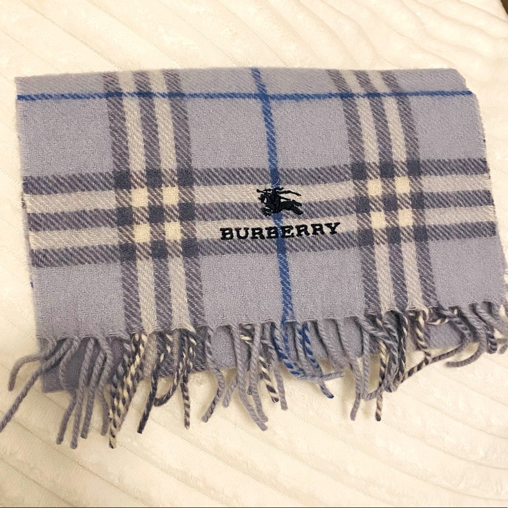 BURBERRY Blue Plaid Wool Fringe Scarf Preloved